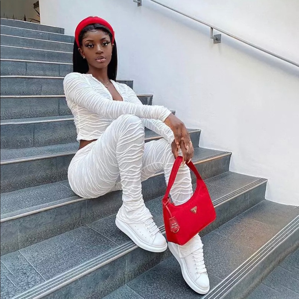 All white two piece long sleeve